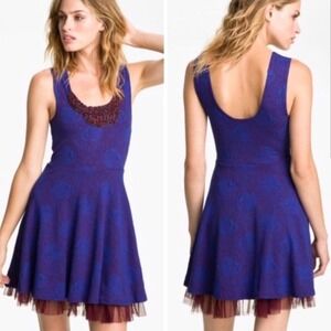 Free People Size S Blue Floral Mini Dress With Burgundy Beading & Tulle Underlay